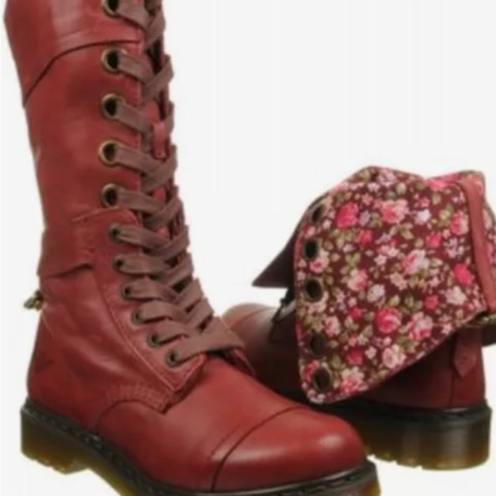 Women's Red Lace-Up Floral Combat Boots